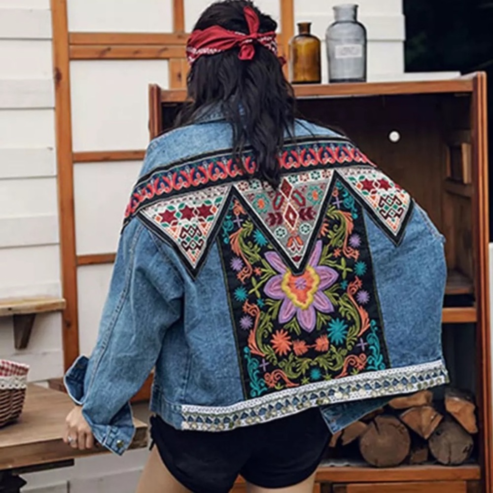 SOLD OUT Boho Floral Embroidered Oversized Denim Jacket - Picture 1 of 8